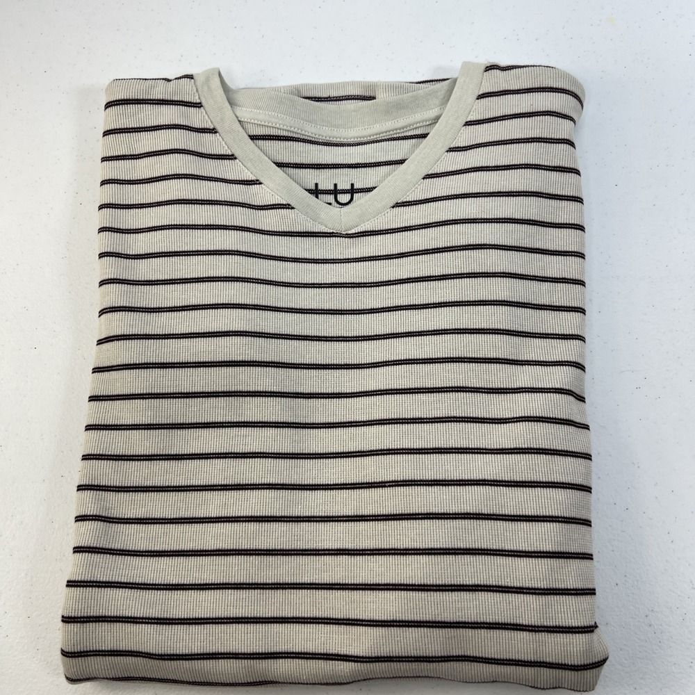 NWT Linea Uomo LU Cream  Maroon‎ Stripes Lightweight Waffle Knit Thermal V-Neck
